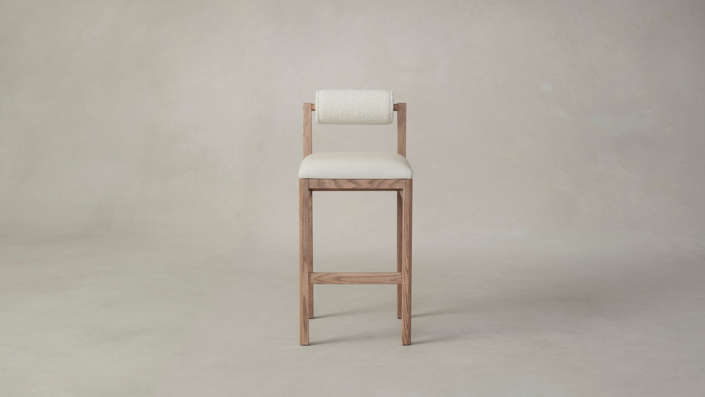 The Thayer - Pebbled Leather Swan Seat Italian Bouclé White Bolster Bar and Counter Stool