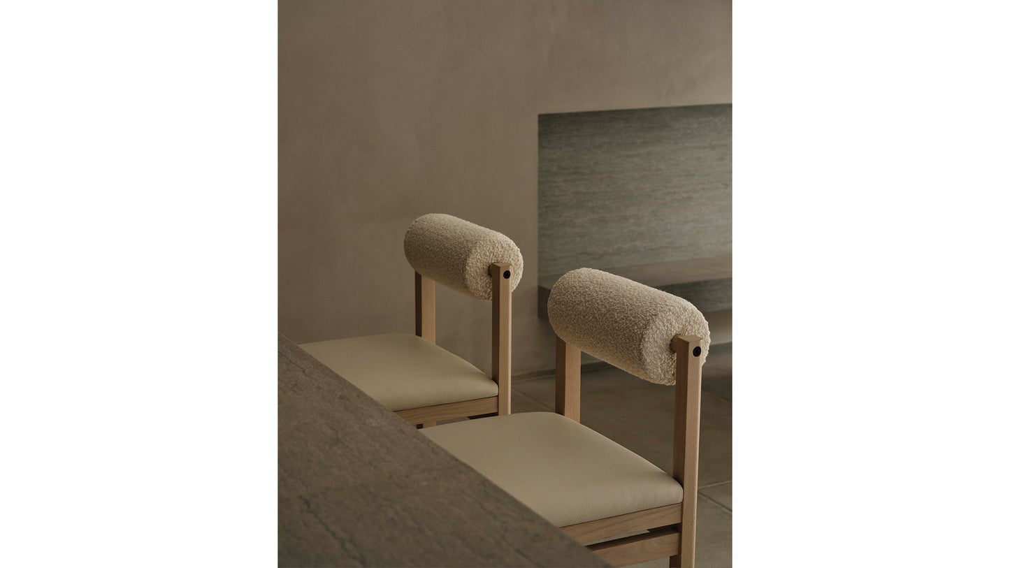 The Thayer - Pebbled Leather Swan Seat Italian Bouclé White Bolster Bar and Counter Stool