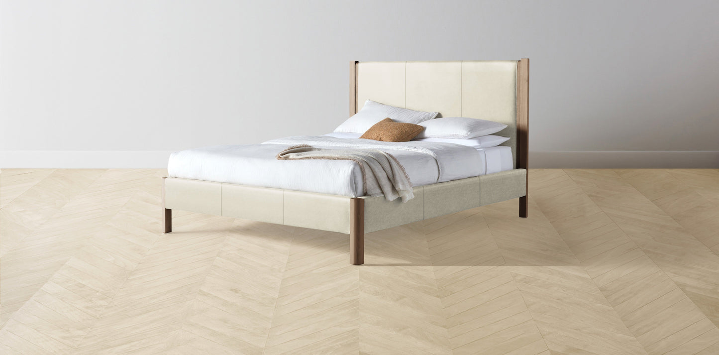 The Thompson - Pebbled Leather Swan Bed - 48" Headboard - Muslin on reverse