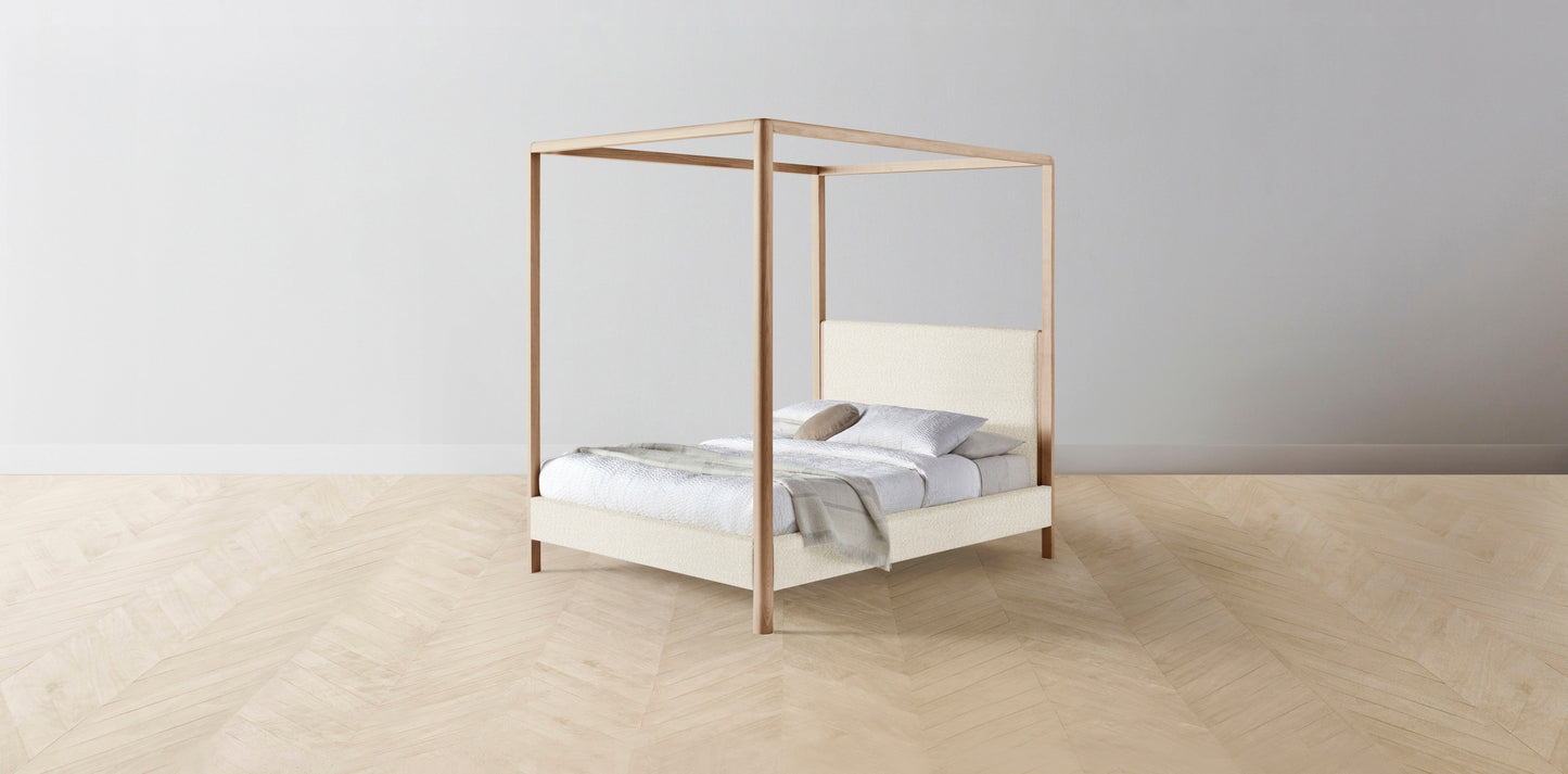 The Thompson - Italian Bouclé White Canopy Bed - 48" Headboard - Upholstered on reverse