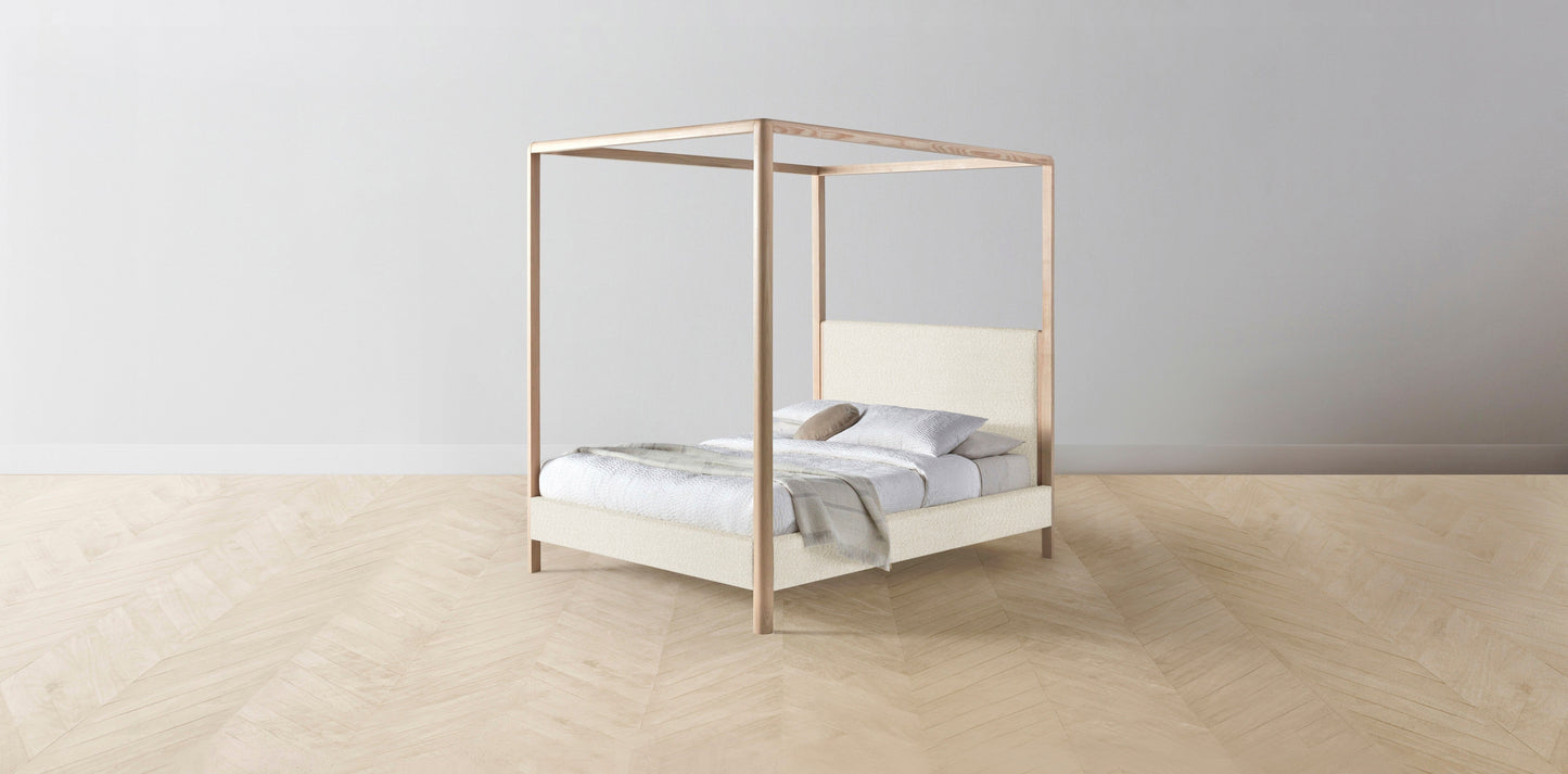 The Thompson - Italian Bouclé White Canopy Bed - 48" Headboard - Upholstered on reverse