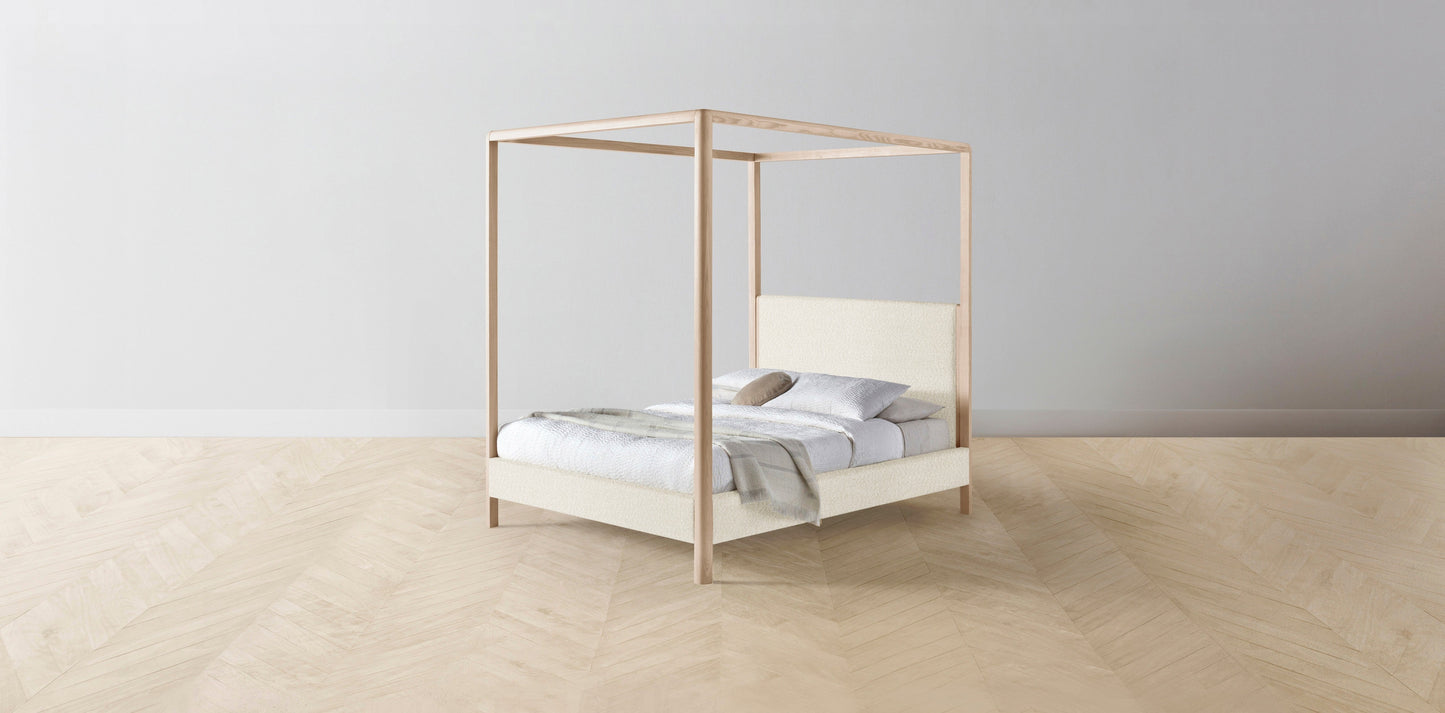 The Thompson - Italian Bouclé White Canopy Bed - 48" Headboard - Upholstered on reverse