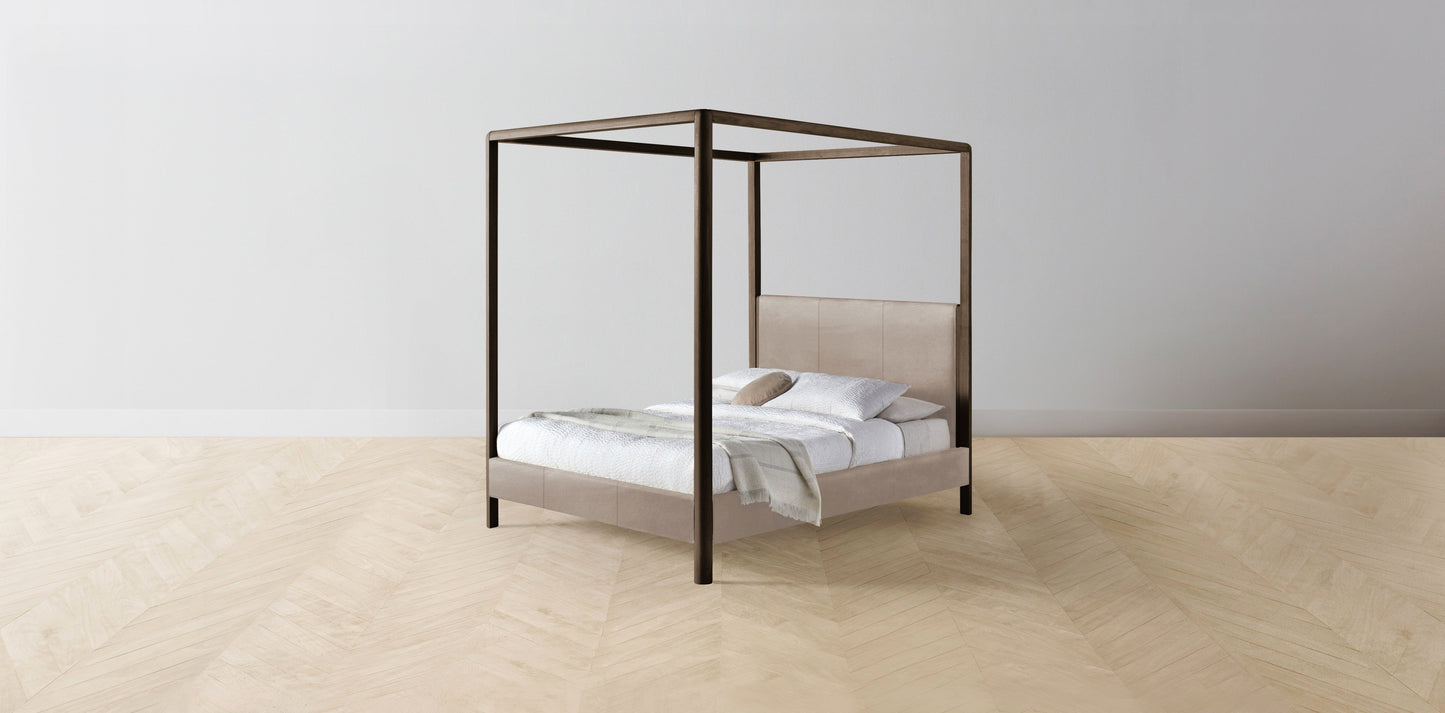 The Thompson - Nubuck Leather Fawn Canopy Bed - 48" Headboard - Upholstered on reverse