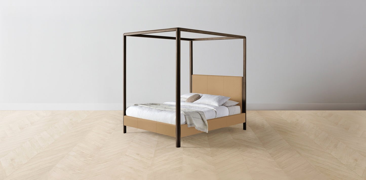 The Thompson - Pebbled Leather Latte Canopy Bed - 48" Headboard - Muslin on reverse