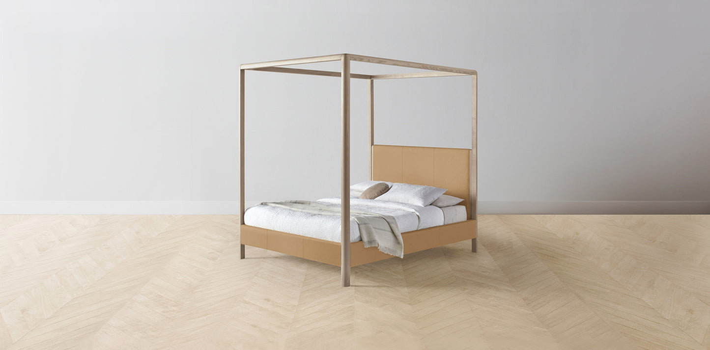 The Thompson - Pebbled Leather Latte Canopy Bed - 48" Headboard - Upholstered on reverse