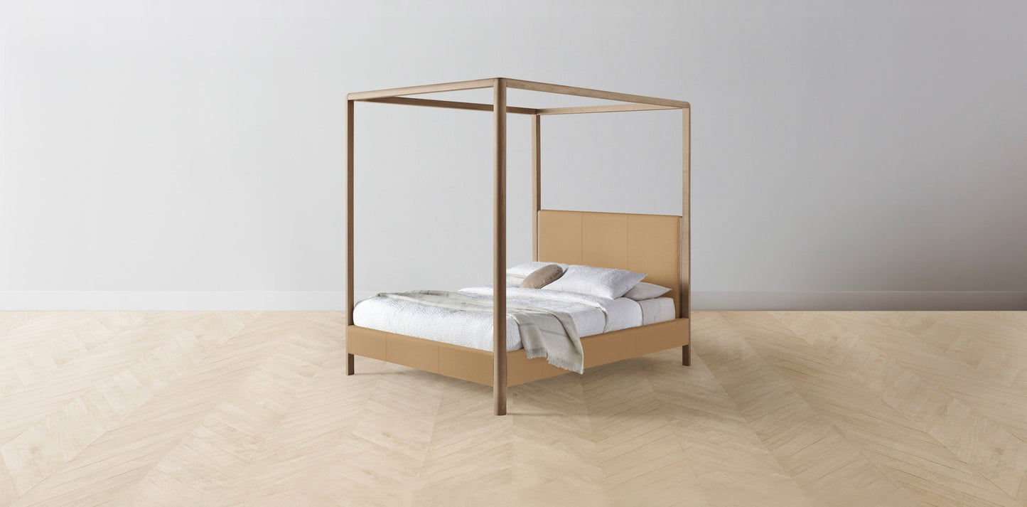 The Thompson - Pebbled Leather Latte Canopy Bed - 48" Headboard - Muslin on reverse