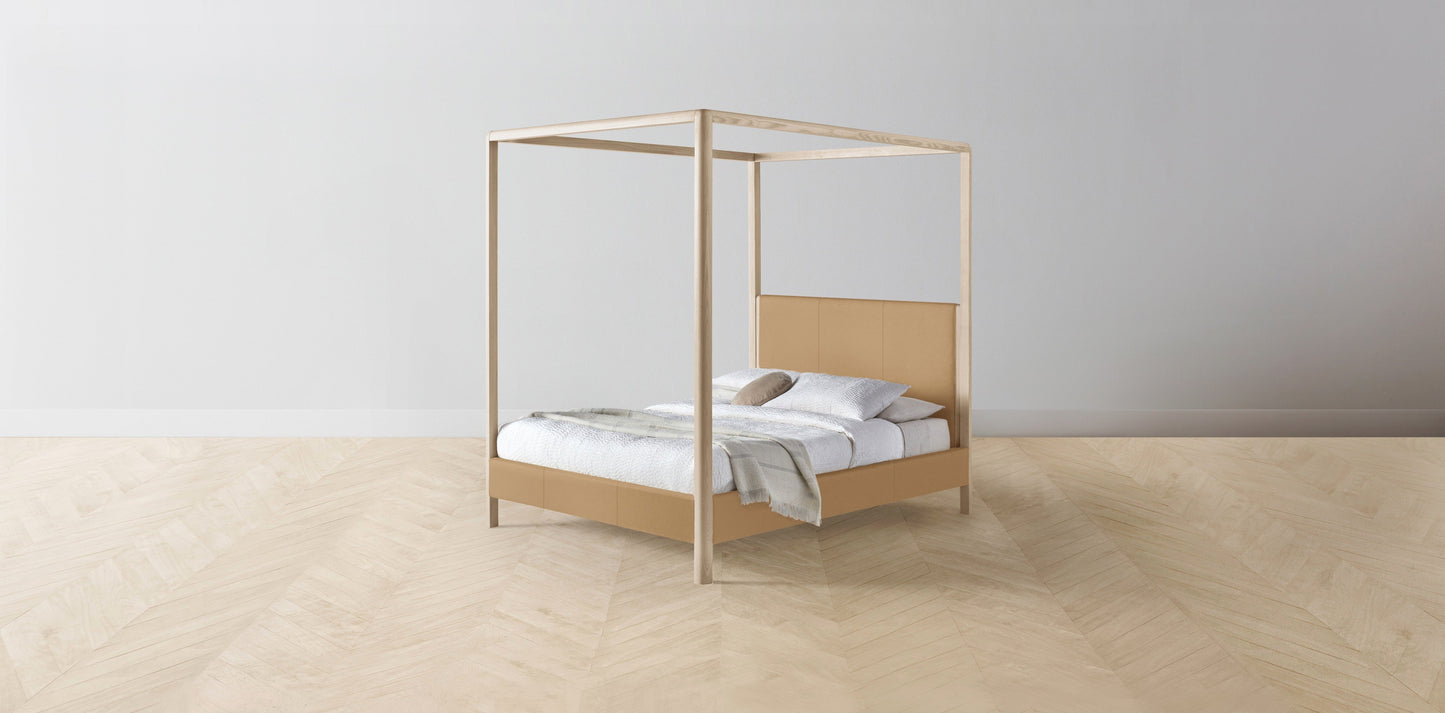The Thompson - Pebbled Leather Latte Canopy Bed - 48" Headboard - Muslin on reverse