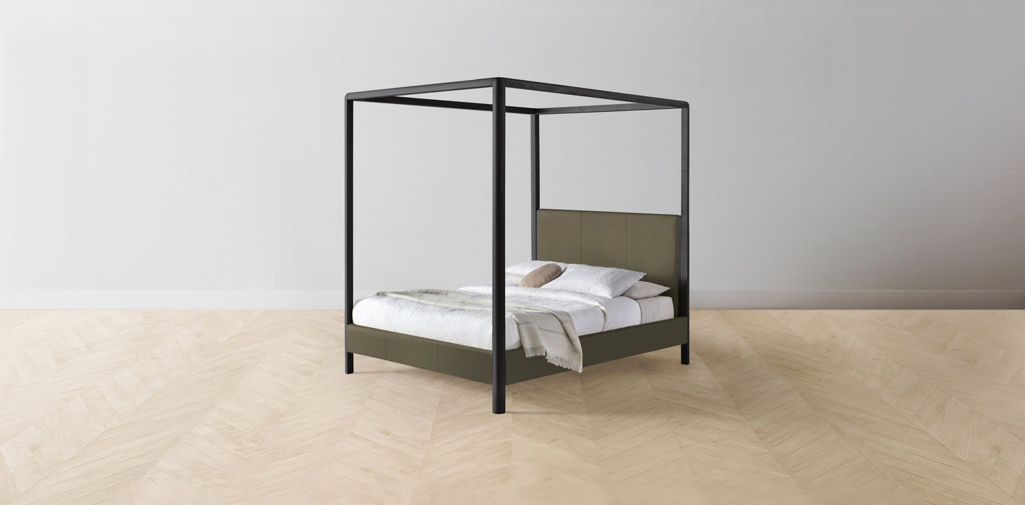 The Thompson - Pebbled Leather Truffle Canopy Bed - 48" Headboard - Upholstered on reverse