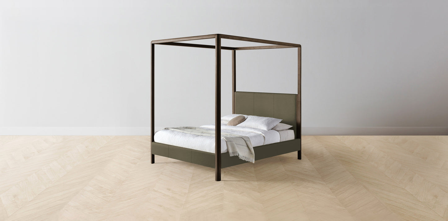 The Thompson - Pebbled Leather Truffle Canopy Bed - 48" Headboard - Upholstered on reverse