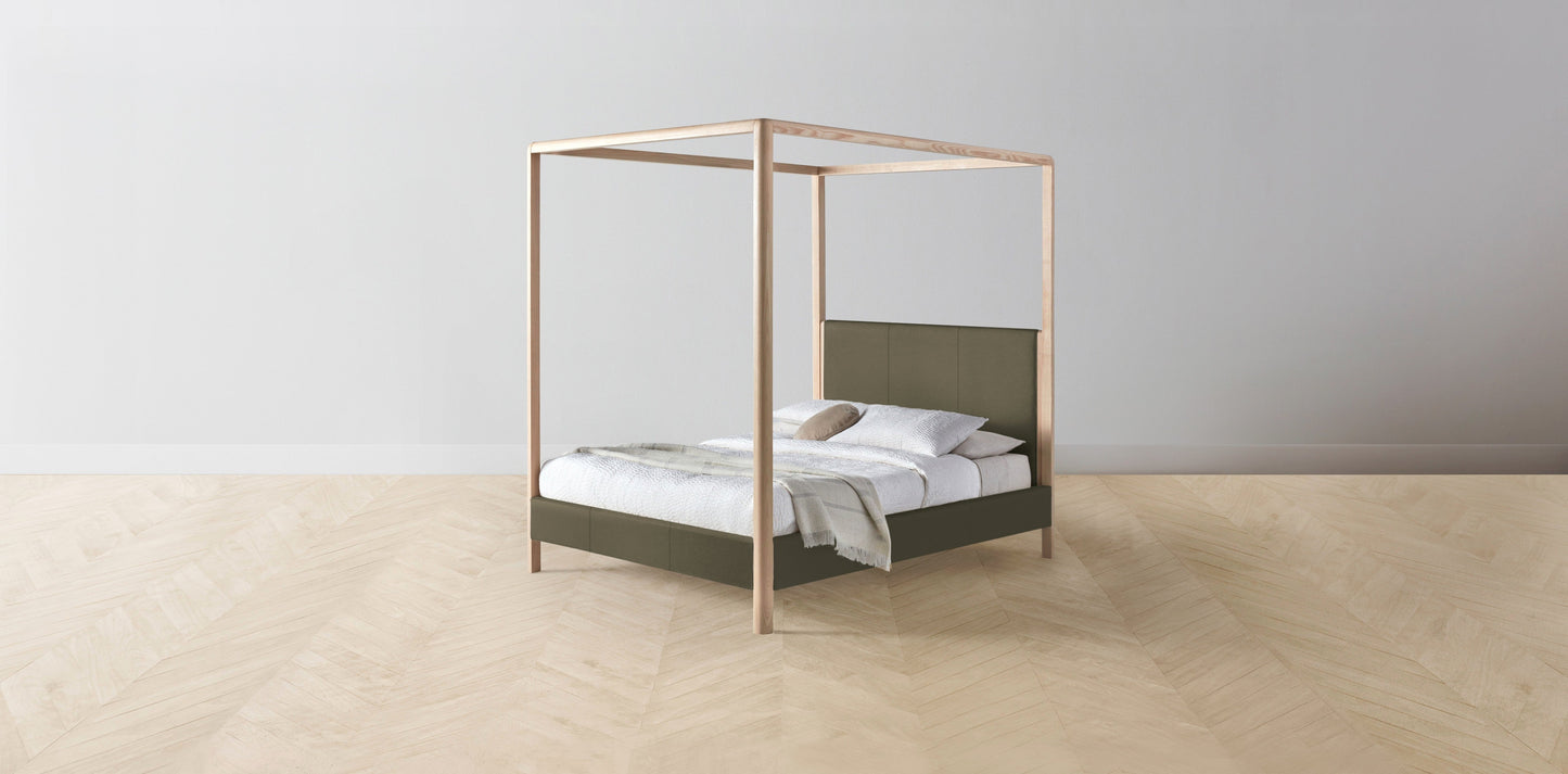 The Thompson - Pebbled Leather Truffle Canopy Bed - 48" Headboard - Upholstered on reverse