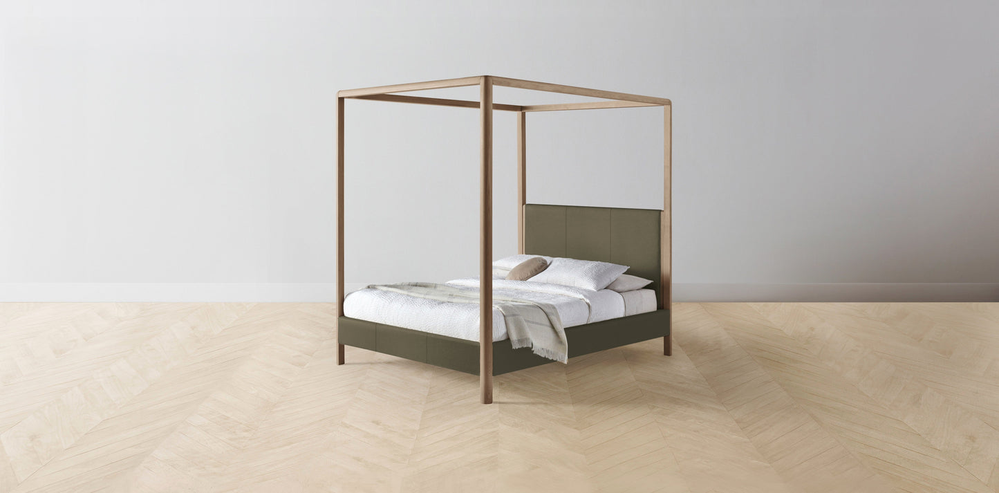 The Thompson - Pebbled Leather Truffle Canopy Bed - 48" Headboard - Upholstered on reverse