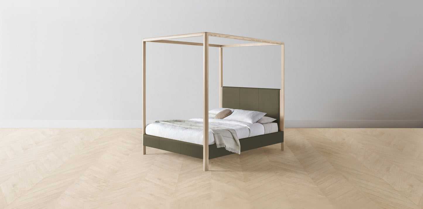 The Thompson - Pebbled Leather Truffle Canopy Bed - 48" Headboard - Upholstered on reverse