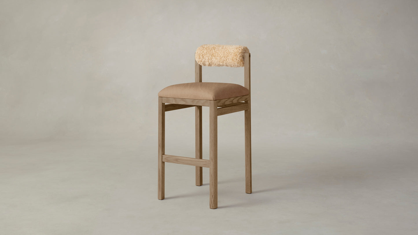 The Thayer  - Tuscan Leather Camel Seat Shearling Toffee Bolster Bar and Counter Stool